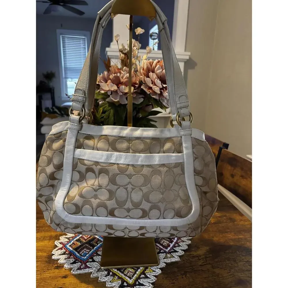 Coach Signature Jacquard Brass Trim Shoulder Bag White/Lavender - Picture 3 of 10